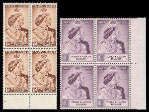 Turks & Caicos 1948 KGVI Silver Wedding set in blocks MNH. SG 208-209. Sc 92-93.