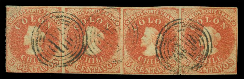 CHILE 1857 COLUMBUS - Estancos -  5c carmine red  Sc# 9a used XF STRIP OF 4