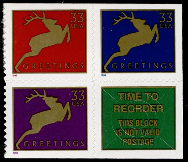 #3364 - 3666 33c Deer Booklet pane with label,  VERY RARE MODERN ISSUE!