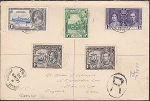 GRENADA 1938 Registered cover GRENVILLE to UK - nice franking..............54750