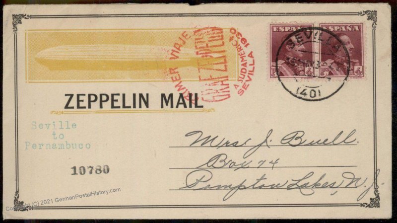 Spain Germany 1930 Graf Zeppelin Seville Si58B Pompton Lakes NJ Flown Cov 100818