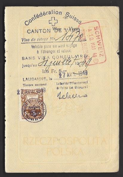 SWITZERLAND 5Fr Brown REVENUE on POLAND 1949 Passport Page Canton of Vaud