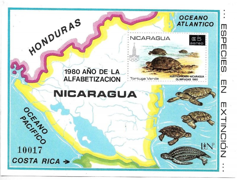 NICARAGUA 1981 LITERACY CAMPAIGN MAPS TURTLES ENDANGERED FAUNA MINT NH