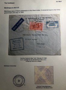 1940 Fort France Martinique Airmail censored Cover To New York USA