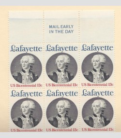 U.S.#1716 LaFayette 13c Mail Early Block of 6, MNH.