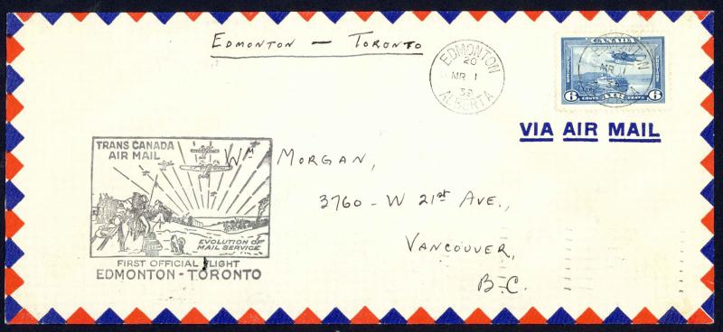 Canada Sc# C6 First Flight (Edmonton>TorontoOnt) 1939 3.1 Trans Canada Air Mail