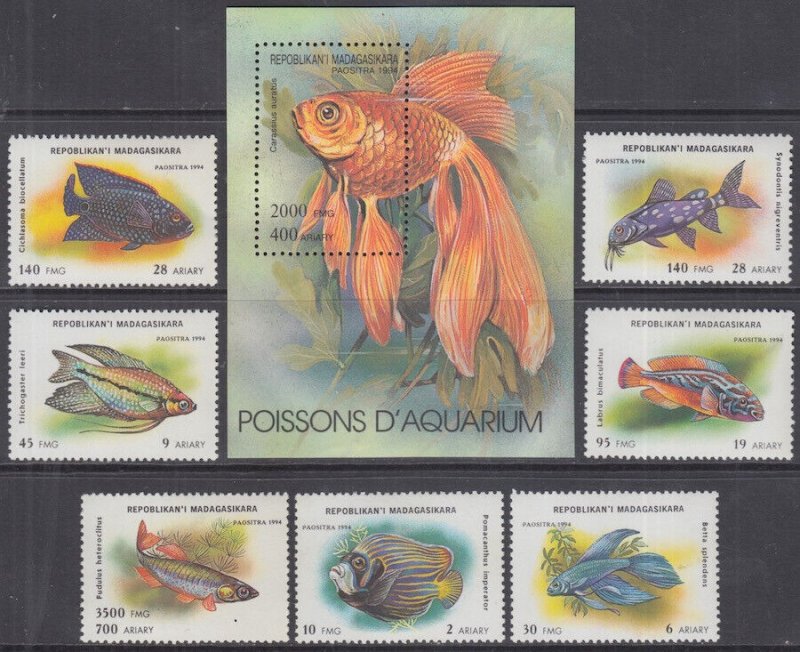 MALAGASY REPUBLIC Sc # 1192-9 CPL MNH SET of 7 + S/S AQUARIUM FISH