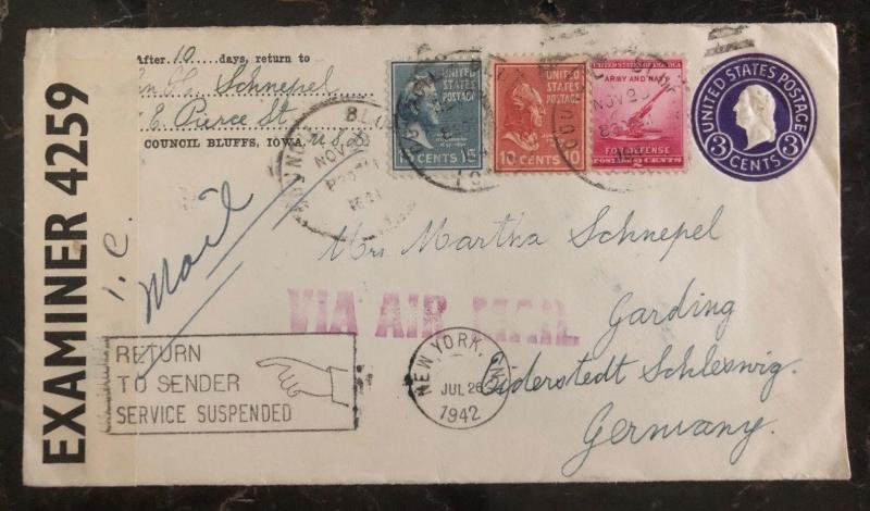 1941 USA Cover Airmail Censored to Germany Return Service Suspended Due To War