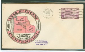 US 783 1936 3c Oregon Territory Centennial (single) on an addressed first day cover with a Daniel, WY cancel and a hobby cover s