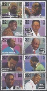 #2983-2992 32c American Music Series Jazz Block of 10 1995 Mint NH