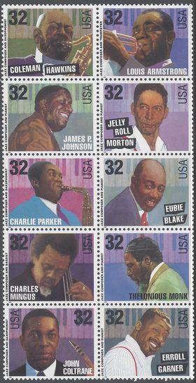 #2983-2992 32c American Music Series Jazz Block of 10 1995 Mint NH