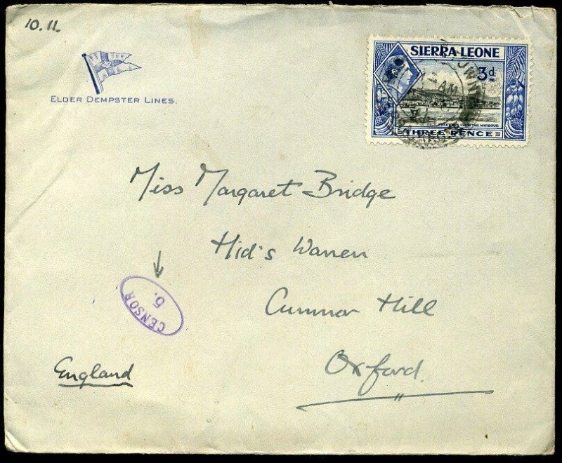 Sierra Leone Elder Demster Lines 1939 KGVI 3d Censor /5.