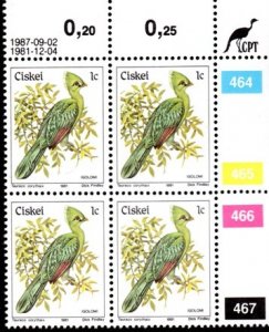 Ciskei - 1981 Birds 1c Reprint Control Block 1987.09.02 MNH** SG 5