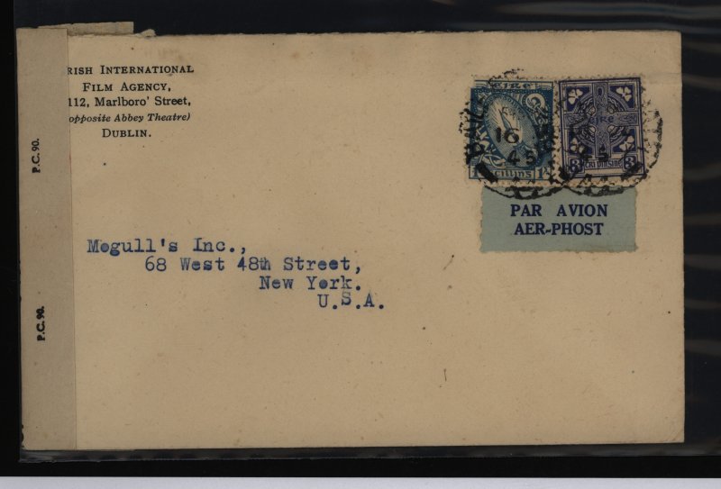 Ireland  1945 Censor Airmail cover to US, 1 sh 3 d rate