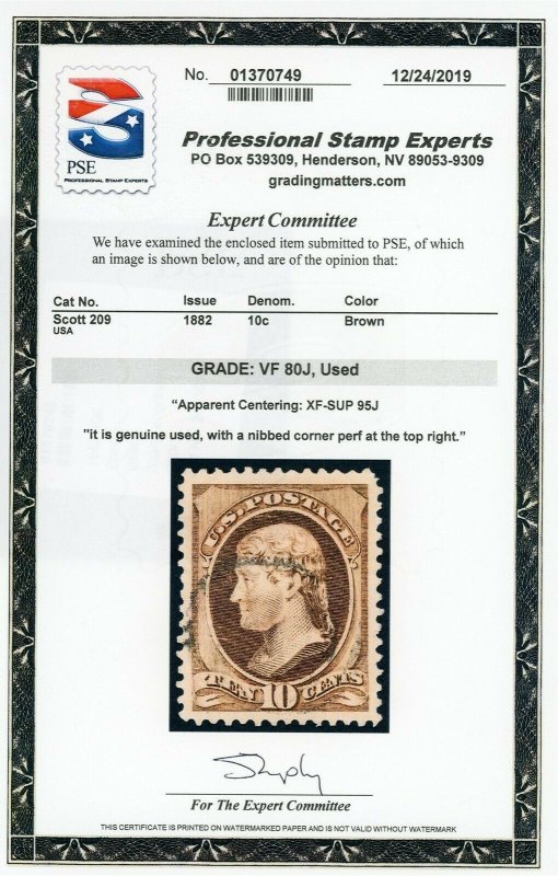 US Stamp #209 Jefferson 10c - PSE Cert - Used - App. Centering XF-SUP 95J 