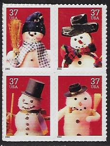 Catalog # 3676 79 Block of 4 Stamps Christmas Xmas Santa Claus Wearing Diff. Hat