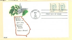 US 1853 1984 10c Richard B. Russell, Jr., Georgia Politician pair on an unaddressed, hand painted Kribbs Kovers cachet FDC