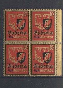 Germany -Sudetia Fraternity for South Tyrol Block of 4 Advertising Stamps MNH OG