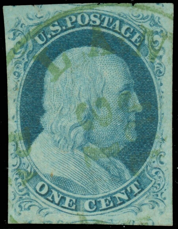 Scott #9, Used-VF+ w GREEN LANCASTER PA Town Cancel! SCV $90 + $400 CxL Premium!