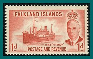 Falkland Islands 1952 Ship, Fitzroy, 1d mint  #108,SG173