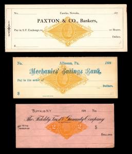 #RN-X7 & RN-G1  2c Orange 1870s Revenue Stamp on Unused Bank Checks 3 items