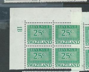 SWAZILAND (P1907B) MODERN REVENUE 25C PLATE 1A, 1B    NUMBER BL OF 4     MNH