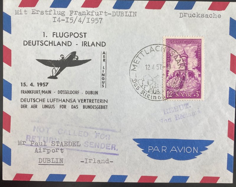1957 Saar First Flight Airmail cover To Dublin aer Lingus return FFC