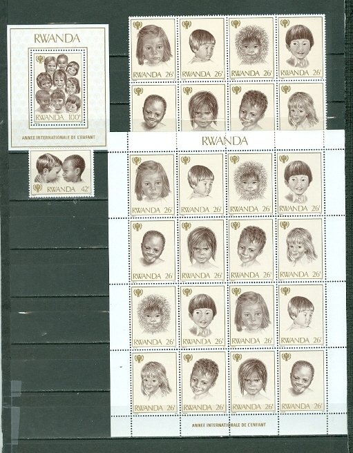 RWANDA 1979 CHILDREN #923-25 ....BLK + SOUV. SHEET + CPLT SHEET MNH...$37.50