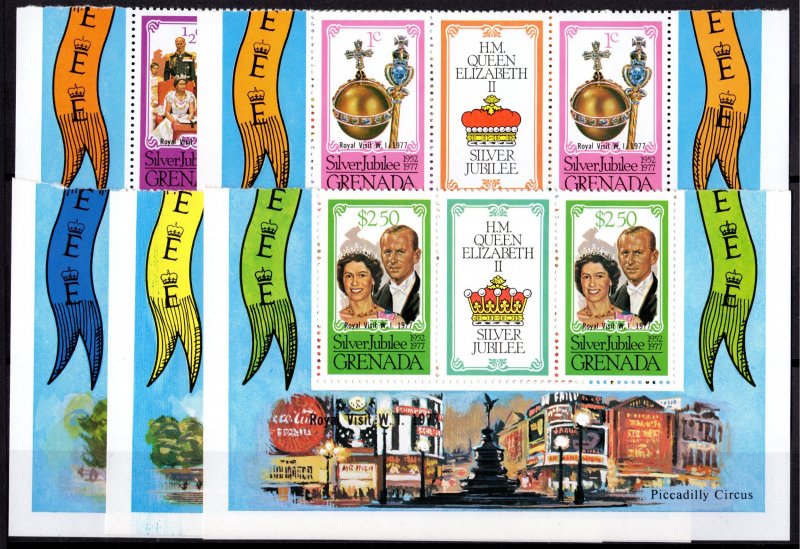 Grenada 1977 Sc#788/792 SILVER JUBILEE CHANGED COLORS GUTTER-PAIRS MNH