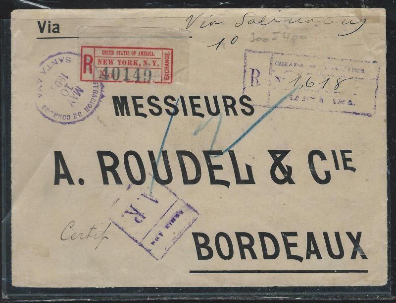 SALVADOR (P2309B) 1906 COVER 13CX2+2C AR TO FRANCE,  VIA NEW YORK