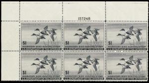 RW12, Mint VF-XF NH Top Plate Block of Six Duck Stamps Cat $600.00 - Stuart Katz