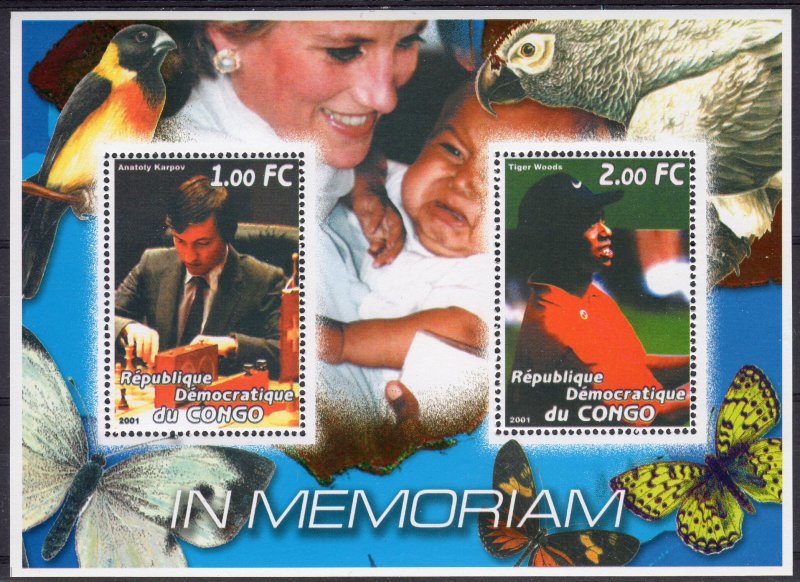 Princess Diana-Anatoly KARPOV (Chess) Tiger Woods-Butterflies-Parrots  S/S Congo