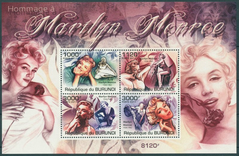 Burundi 2011 MNH Marilyn Monroe Stamps Celebrities Actresses Movies Film 4v M/S