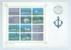 Switzerland 656 1978 nat'l. philatelic expo. souvenir sheet of 8 stamps & labels, steamer - ships of the swiss lake, on ...