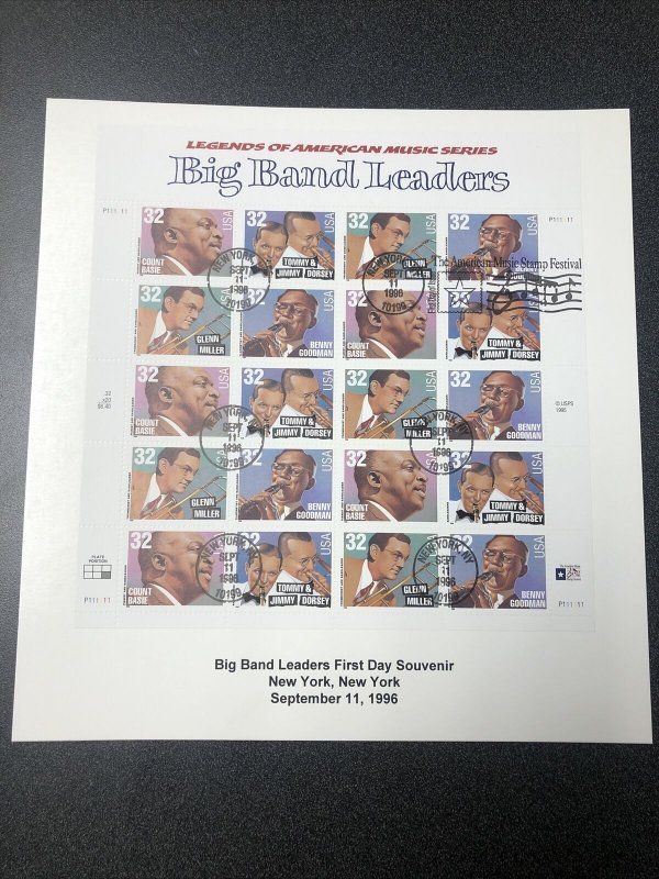 US 3096-99 Big Band Leaders First Day Souvenir Page Of 20 Canceled 1996