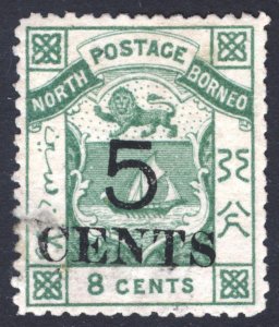 North Borneo 1886 5c on 8c Green Perf 14 Scott 17 SG 19 MLH Cat $140