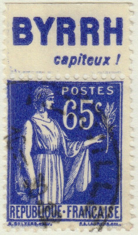 FRANCE - 1937 Pub BYRRH (capiteux!) supérieure sur Yv.365b 65c Paix Obl. TB