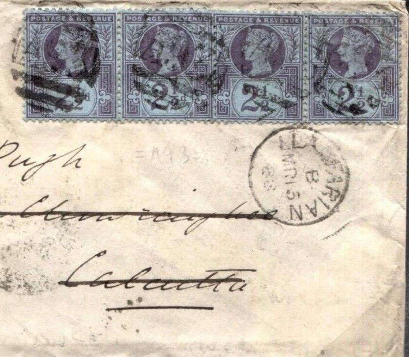 GB WALES INDIA MAIL Cardigans *Llanfarian* Numeral Cover Darjeeling 1888 C109a