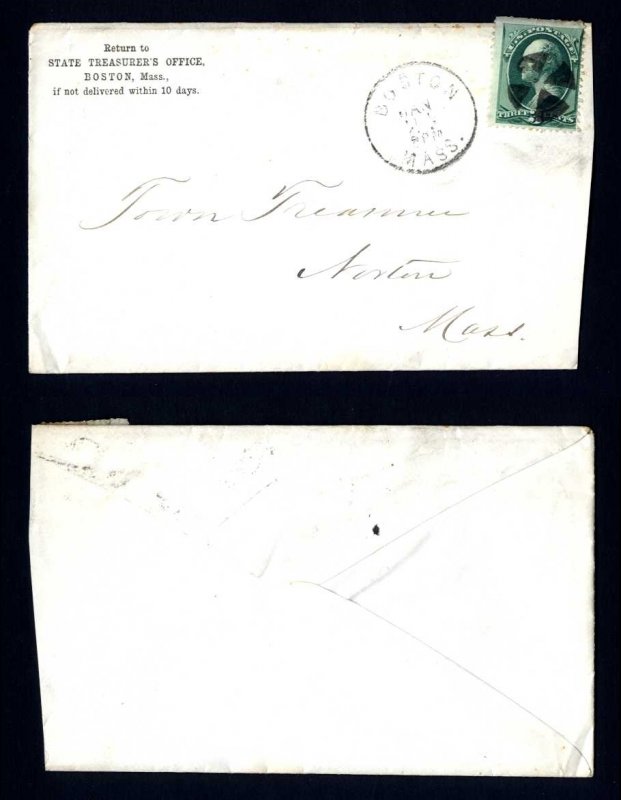 # 158 cover State Treasurer's Office, Boston, MA to Norton, MA - 1-24-1870s