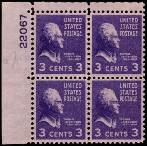 US #807 JEFFERSON MNH UL PLATE BLOCK #22067