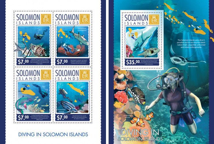 Diving Marine Fauna Fishes Sharks Fische Animals Solomon Islands MNH stamp set