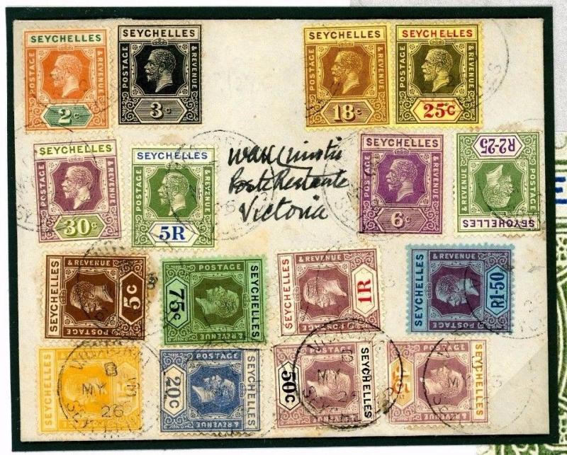 W85e 1926 SEYCHELLES Multiple Franking *5R HIGH VALUE* Victoria CDS Cover RARE