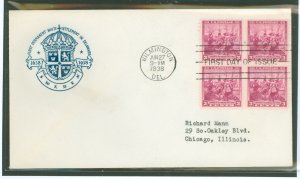 US 836 1938 3c Landing of the Swedes in Delaware (1638) block of four on an addressed first day cover with a House of Farnum cac