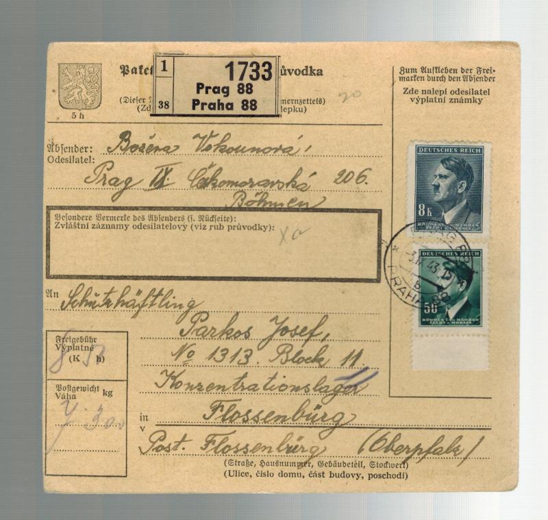 1943 Prague BM Germany Parcel Cover to Flossenburg Concentration Camp J Parkos