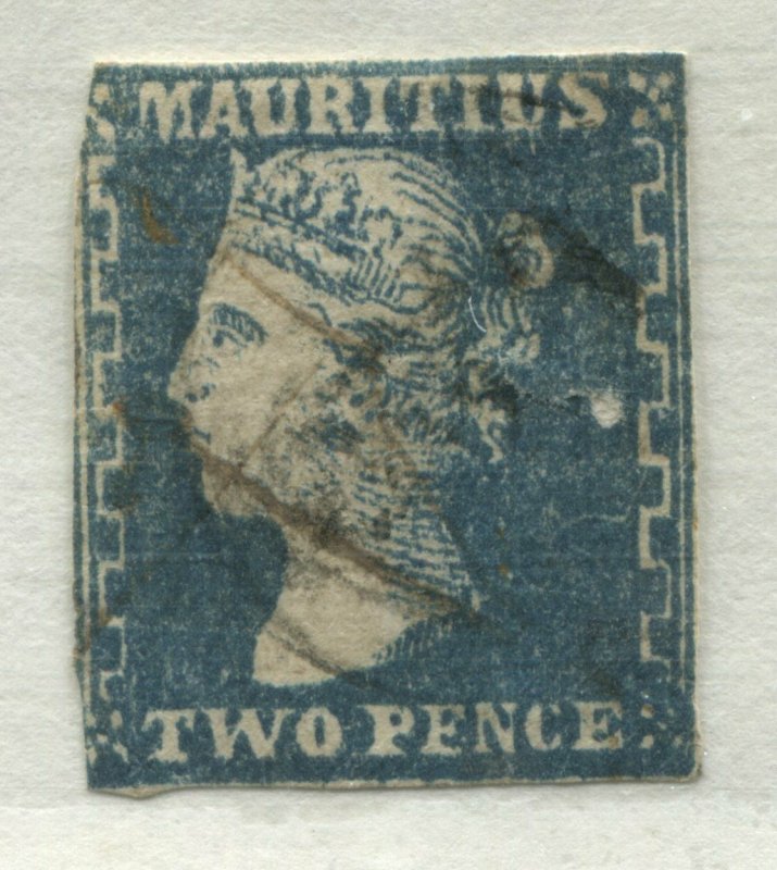 Mauritius QV 1859 2d blue used with faults