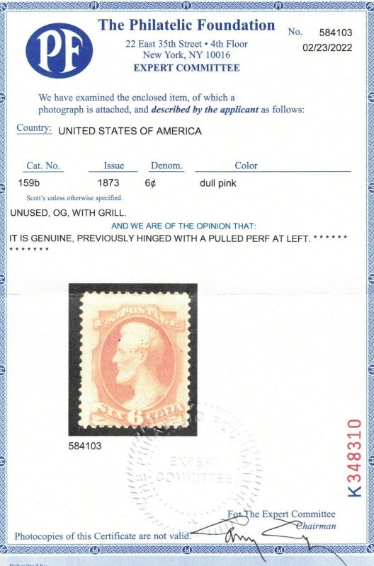 USA #159b Mint Fine Full Original Gum Hinged **With Certificate**