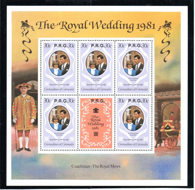 GRENADINES 1981 ROYAL WEDDING 30c M/SHEET WITH RPG OVERPRINT