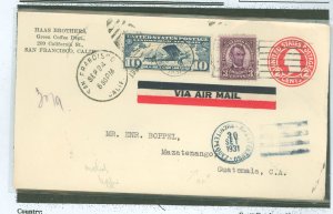 US 635/C10/U429 1931 3c Lincoln + 10c Spirit of St. Louis upgrading 2c Stationery paying the 15c per half ounce rate to Guatem