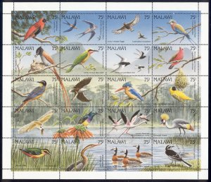 Malawi - 1992 MNH sheet of 20 bird stamps #598 c.v. 60.00 Lot #21