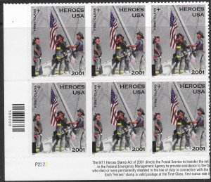 US B2 MNH Plate Block of 6  P2222  Heroes Stamp Act of 2001.  Awesome.